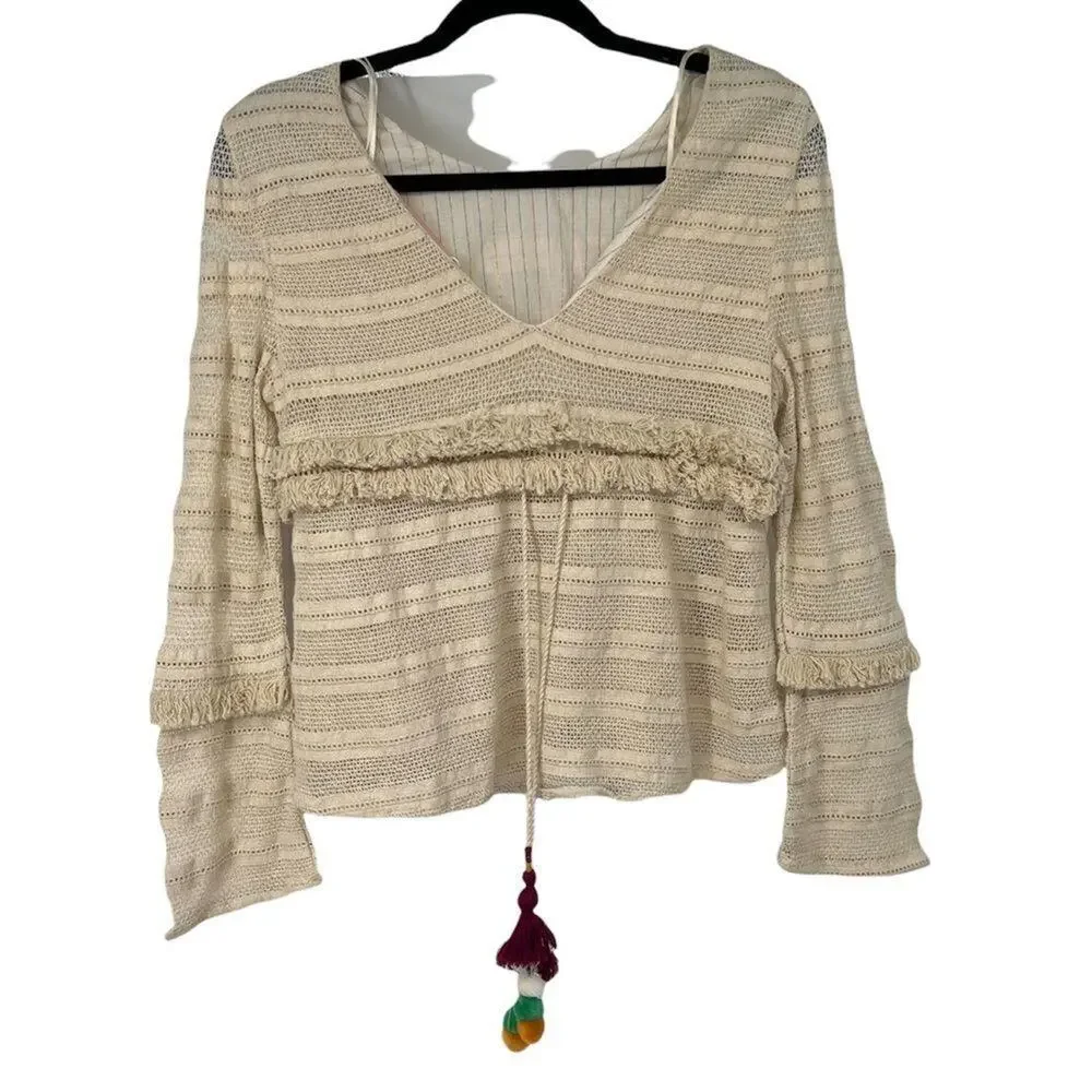 Zara Cream Crochet‎ Boho Fringed Tassel Tie V Neck Blouse